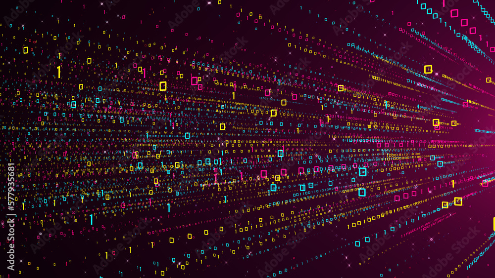 Poster abstract data transfer red yellow blue shiny 3d perspective binary digital number 01 burst from righ