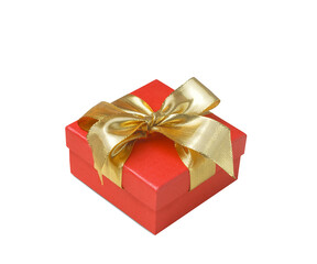 Red present box with golden ribbon and bow isolated on transparent background.
