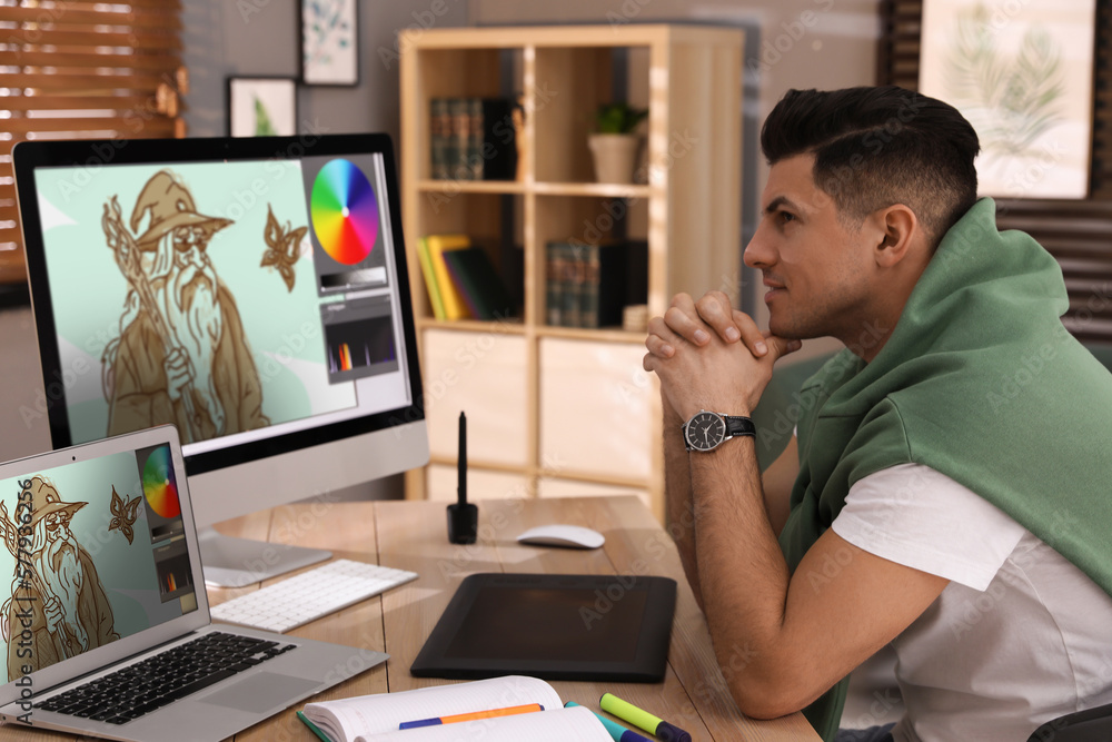 Poster animator working with computer and laptop. illustrations on screens