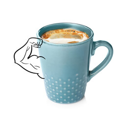 Strong coffee. Cup with illustration of bodybuilder's arm on white background