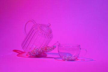 Tea time aesthetic concept. Neon pink purple layout. 