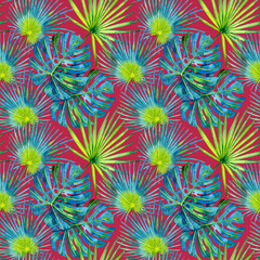 Tropical seamless pattern with monstera, palm leaves. Watercolor illustration on Viva Magenta background with tropical leaves.