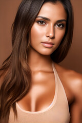 Fototapeta premium Portrait of a beautiful brunette fit woman with pastel bustier top. Fitness model created with Generative Ai