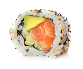Delicious fresh sushi roll in sesame isolated on white