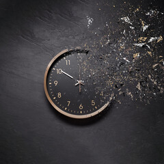 Fleeting time concept. Analog clock dissolving on black background