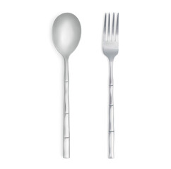 Shiny silver spoon and fork on white background, top view