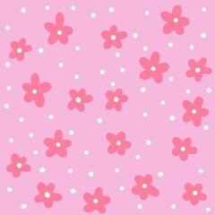 Hand drawn seamless pattern of pink sakura daisy flowers on polka dot background. Simple minimalist floral design for textile wrapping paper, Small bloom blossom with abstract geometric circles in