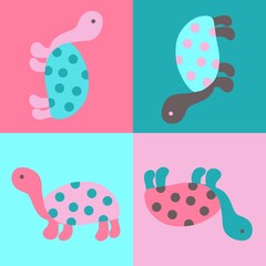 Hand drawn seamless pattern with cute sea turtle tortoise, pink blue flowers, print for kids children nursery decor, funny animal with polka dot shells, simple minimalist style.