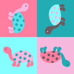 Fototapeta premium Hand drawn seamless pattern with cute sea turtle tortoise, pink blue flowers, print for kids children nursery decor, funny animal with polka dot shells, simple minimalist style.