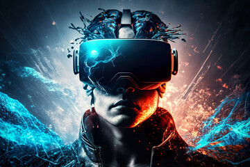Obraz premium A futuristic scene shows a person wearing a virtual reality headset with digital effects that mix bright blue and red hues.Dynamic energy and sparks create a sense of immersion in the virtual world.AI