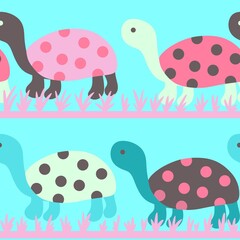 Hand drawn seamless pattern with cute sea turtle tortoise, pink blue flowers, print for kids children nursery decor, funny animal with polka dot shells, simple minimalist style.