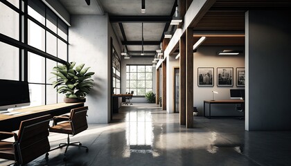 Fototapeta na wymiar Modern Office Space Interior Design - Industrial Edge series. White walls with concrete flooring, light wood accents, and exposed ductwork. Generative AI
