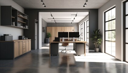 Modern Office Space Interior Design - Industrial Edge series. White walls with concrete flooring, light wood accents, and exposed ductwork. Generative AI