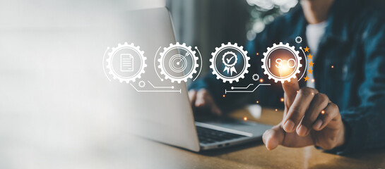 businessman working with computers  service Quality assurance, Guarantee, Standards, ISO .