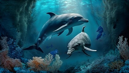 Obraz na płótnie Canvas Underwater world with reefs and dolphins, Generative AI
