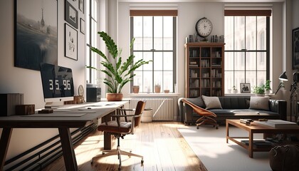 Modern Office Space Interior Design - Bright & Airy series. White walls, light wood flooring and natural light, with pops of green from indoor plants. Generative AI