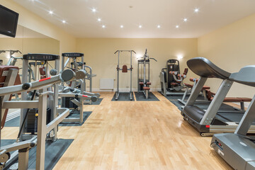 A bright private gym with a variety of sports equipment. Treadmills and equipment for strength exercises.