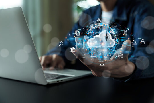 Bussiness  hand using laptop with virtual popup icon of cloud computin Storage and data transfer Cloud network , Cloud technology. Networking and internet service concept.