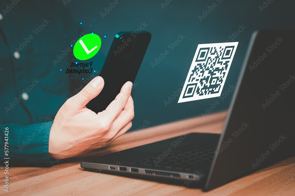 Aufkleber Concept of using smartphones to scan QR codes to make payment. Customer making payment through mobile phone and scan code for online shopping. Use of technology in the daily life of modern people.