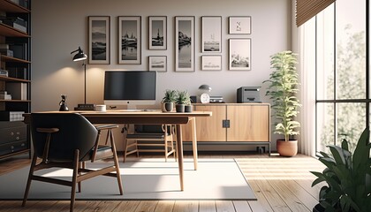 Modern Office Space Interior Design - Bright & Airy series. White walls, light wood flooring and natural light, with pops of green from indoor plants. Generative AI