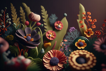 Colorful vibrant floral background with flowers of different sizes and shapes. Created with Generative AI Technology