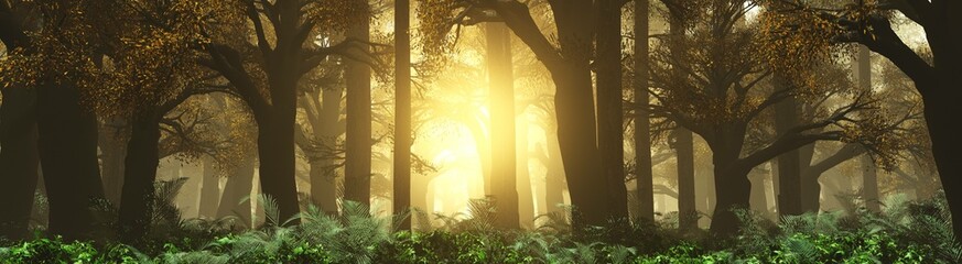Mysterious forest in rays of light, fairy park at sunset, 3d rendering © ustas