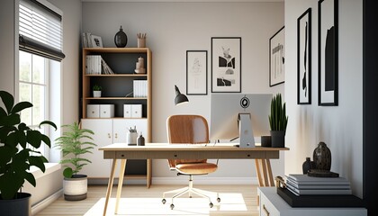 Minimalist Office - Modern Office Space Interior Design. White walls with light wood desk and accents, with minimal accessories, and clean lines. Generative AI