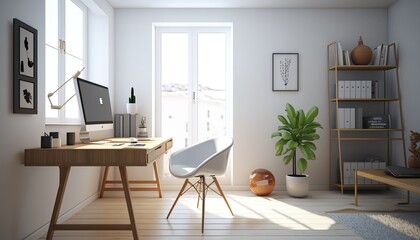 Minimalist Office - Modern Office Space Interior Design. White walls with light wood desk and accents, with minimal accessories, and clean lines. Generative AI