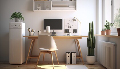 Minimalist Office - Modern Office Space Interior Design. White walls with light wood desk and accents, with minimal accessories, and clean lines. Generative AI