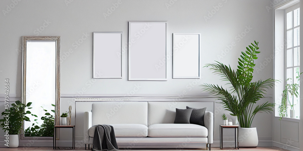 Wall mural Mock up of three wall art canvas. Sofa, lamp, plant on table in room interior. AI Generated