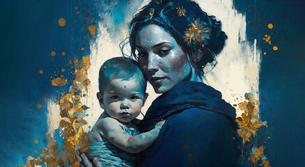 Ai generative abstract portrait. A mother with a baby in hand. - obrazy, fototapety, plakaty