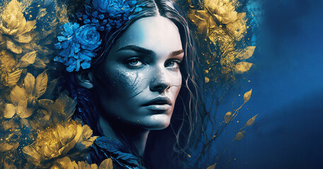 Ai generative abstract woman portrait with flowers  - 577942666