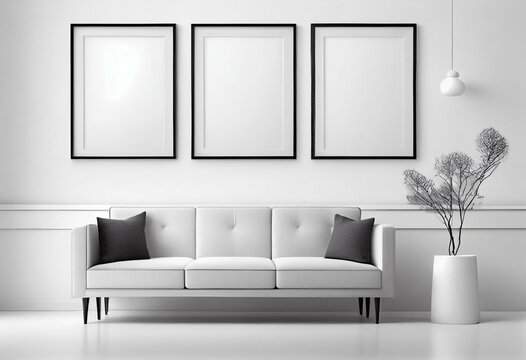 Mock up of three wall art canvas. Sofa, lamp, plant on table in room interior. AI Generated