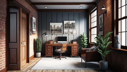Modern Rustic - Modern Office Space Interior Design. White walls with exposed brick and stained wood paneling, with natural textured furnishings. Generative AI