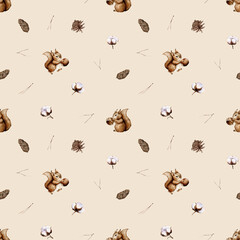 Cute seamless pattern with watercolor squirrel forest animals and hazelnut, cone, needles, cotton . Cute children pattern. Perfect for background paper or textiles.