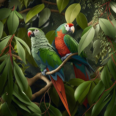 Generative AI: Two colorful parrots sitting in a tree. 