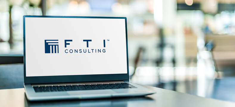 Laptop computer displaying logo of FTI Consulting