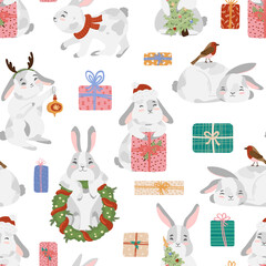 Christmas rabbit, bunny, hare vector seamless pattern with advent wreath, gift box, present, santa hat, christmas tree, red scarf, deer antler, bubble, robin bird. Happy new year 2023 texture
