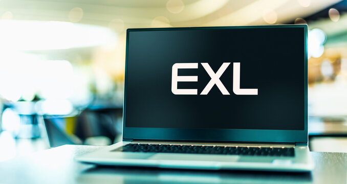 Laptop computer displaying logo of EXL Service