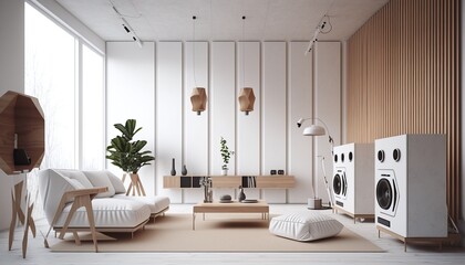Nature-Inspired - Modern Office Space Interior Design. White walls with light wood accents, and indoor plants, with earthy textured accents. Generative AI