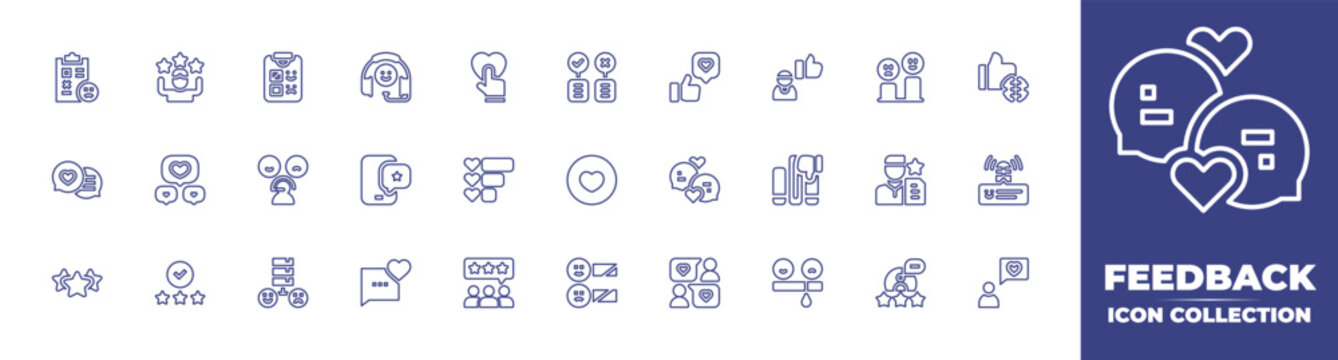 Feedback Line Icon Collection. Editable Stroke. Vector Illustration. Containing Unhappy, Review, Clipboard, Customer Satisfaction, Favorite, Complaint, Like, Satisfied Customer, And More.