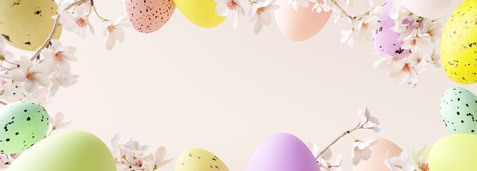 Easter background colorful eggs with blossom bloom. 3d rendering