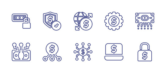 Fintech line icon set. Editable stroke. Vector illustration. Containing password, security check, global network, setting, fintech, digital currency, blockchain, money, protect.