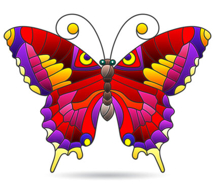 Illustration in stained glass style with a bright butterfly on a blue background, rectangular image