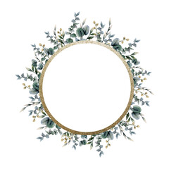 Watercolor eucalyptus wreath with green leaves, branches, field flowers and gold frame illustration with copy space