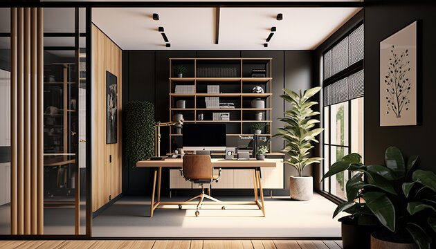 Sleek & Professional - Modern Office Space Interior Design. Light wood accents, white walls, with black and metallic accents. Generative AI