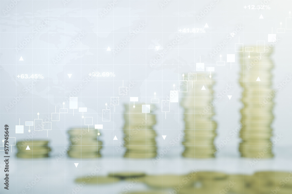 Poster abstract creative financial graph interface and world map on stacks of coins background, forex and i