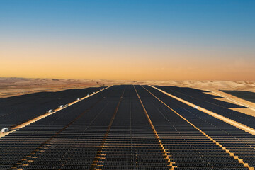 Mega Solar panels farm in a desert landscape, Aerial view