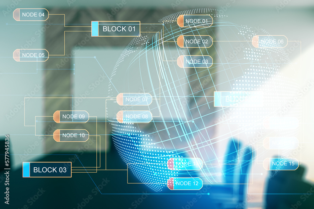 Poster Multi exposure of abstract creative coding sketch and world map on a modern conference room background, artificial intelligence and neural networks concept