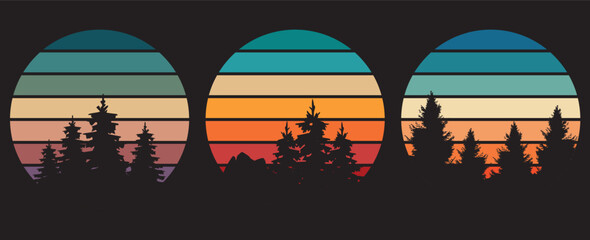 70s style striped sunsets retro background set collection. Abstract sunrise logos with forest landscape. Vector illustration © Olga Dykun